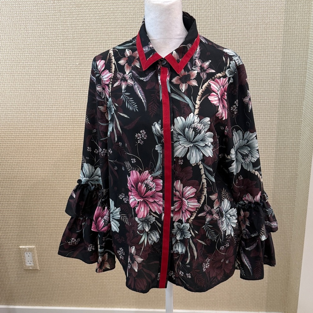 Badgley Mischka Black Floral Blouse with Red Trim, Size 6